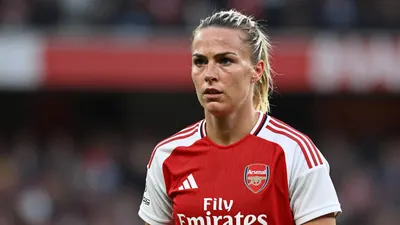 A determined mid-30s Arsenal Women midfielder, athletic build, waist-up, wearing the red-white home kit with the...
