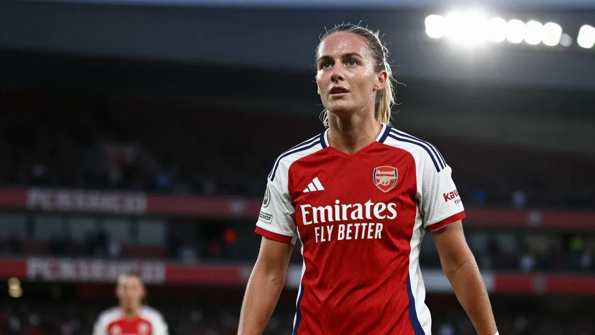 Floodlight rim light: A confident Arsenal Women midfielder in vibrant red and black kit stands triumphantly, sweat...