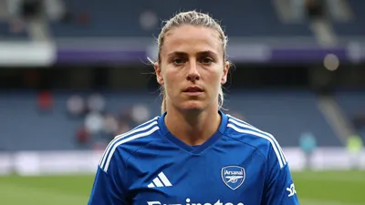 A photorealistic image of an anonymous Arsenal Women's player, aged 25-30, wearing a bold, bright blue jersey with white...