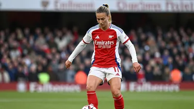 A photorealistic image of an anonymous 19-year-old Arsenal Women midfielder in a white jersey with red sleeves and a red...