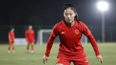 Athletic female football player in her mid-20s, wearing a solid red training kit, mid-action during a drill, sharp focus...