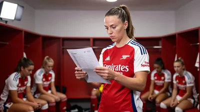 A 25-year-old female Arsenal Women midfielder in a red jersey with white sleeves, and matching red socks, stands in a...