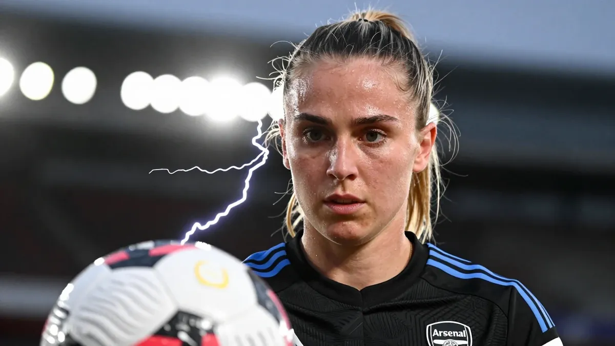 Head: Arsenal Women U21 team in a head-and-shoulders shot, lightning flashing behind them, a young woman in a black shirt...