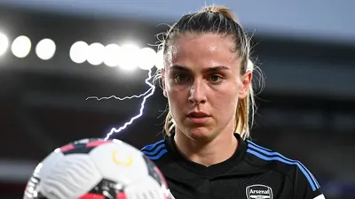Head: Arsenal Women U21 team in a head-and-shoulders shot, lightning flashing behind them, a young woman in a black shirt...