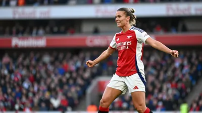 A photorealistic image of an anonymous 26-year-old female Arsenal Women player, wearing a red jersey with white sleeves...